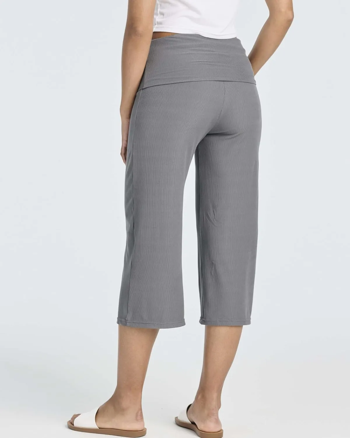 Real Essentials 3 Pack: Women's Ribbed Foldover Wide Leg Loose Capri Open Bottom Yoga Lounge Pants (Available in Plus)