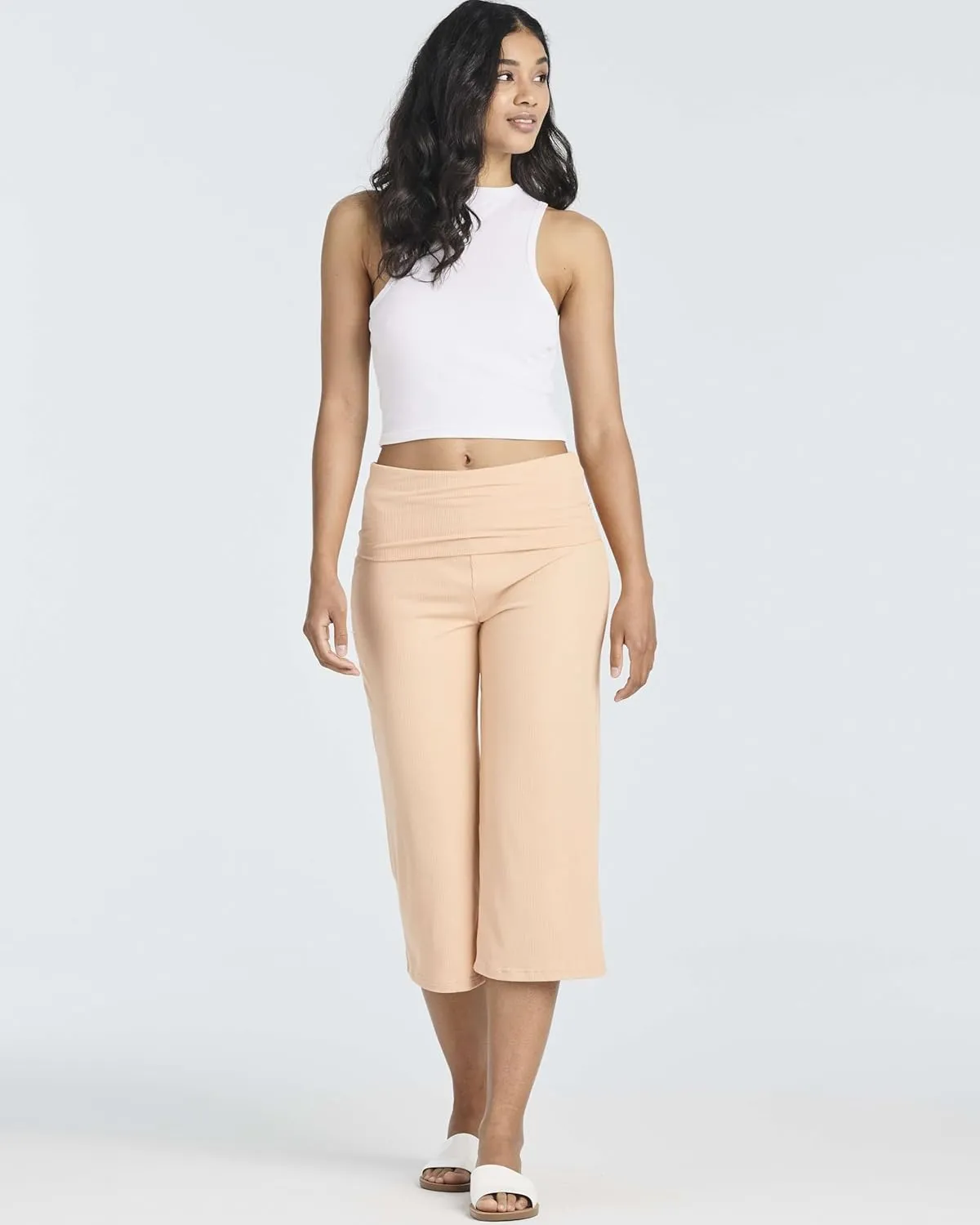 Real Essentials 3 Pack: Women's Ribbed Foldover Wide Leg Loose Capri Open Bottom Yoga Lounge Pants (Available in Plus)