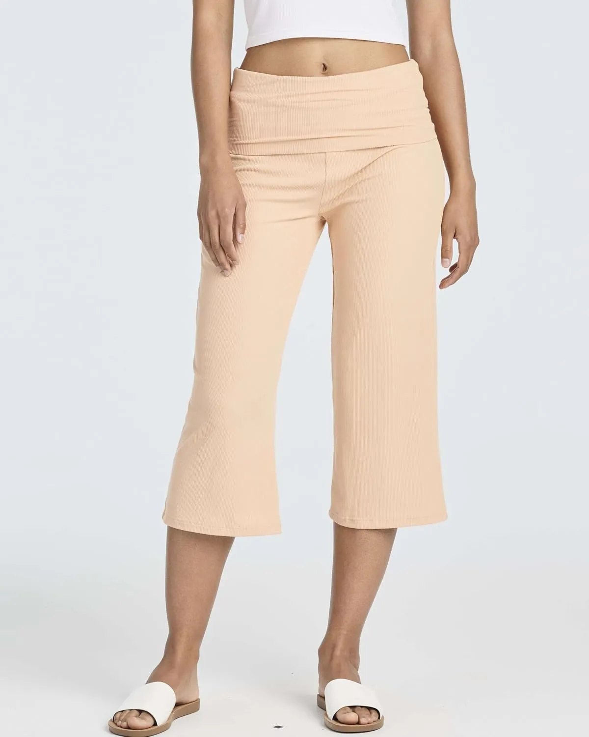 Real Essentials 3 Pack: Women's Ribbed Foldover Wide Leg Loose Capri Open Bottom Yoga Lounge Pants (Available in Plus)
