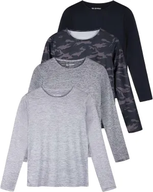 Real Essentials 4 Pack: Women's Dry-Fit Tech Stretch Long-Sleeve Athletic Workout T-Shirt (Available in Plus Size)