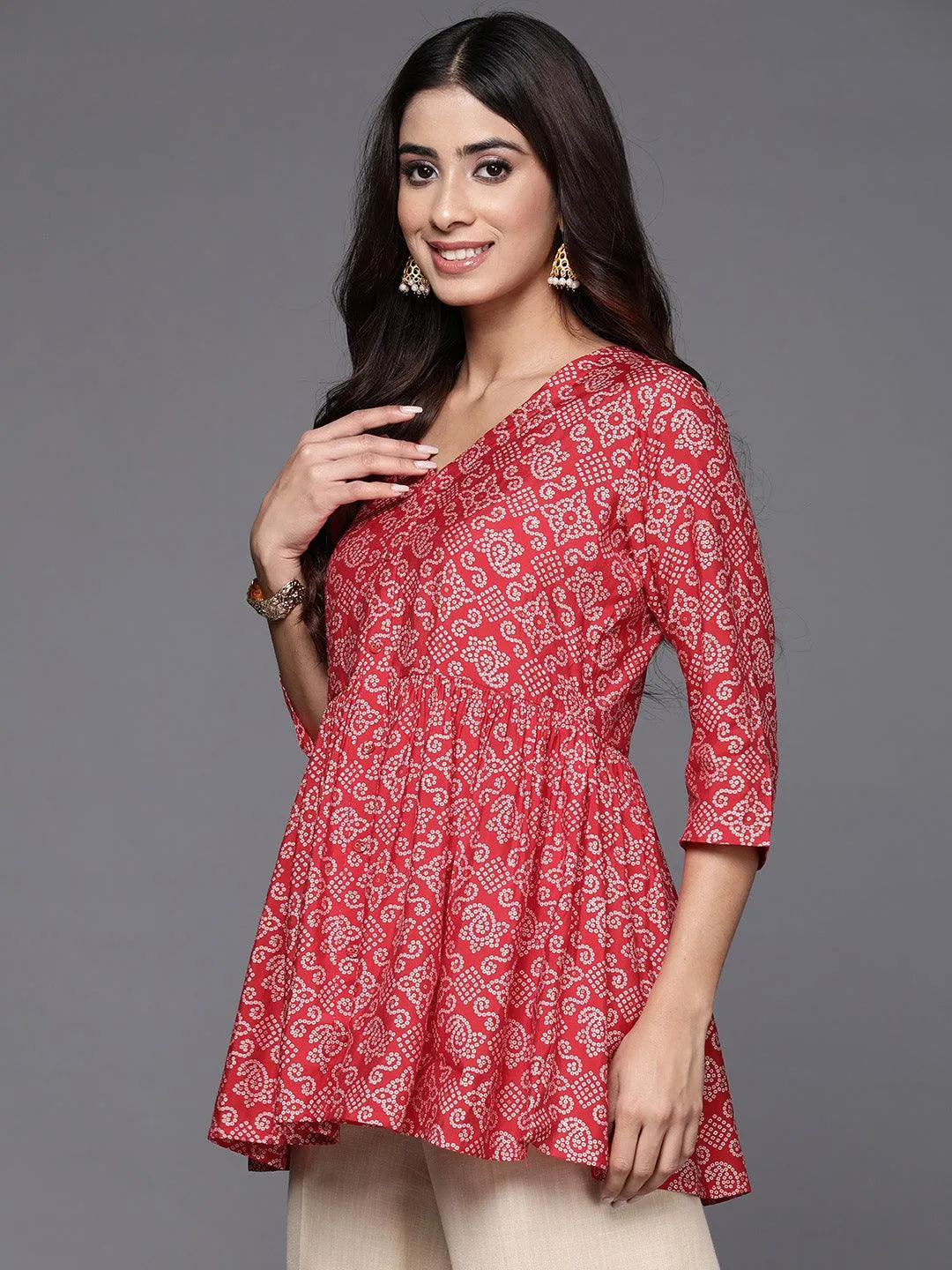 Red Printed Silk Blend A-Line Kurti