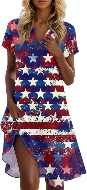 Red White and Blue Summer Dress for Women 4Th of July Tshirt Dress Midi Short Sleeve Collared V Neck A Line Dresses