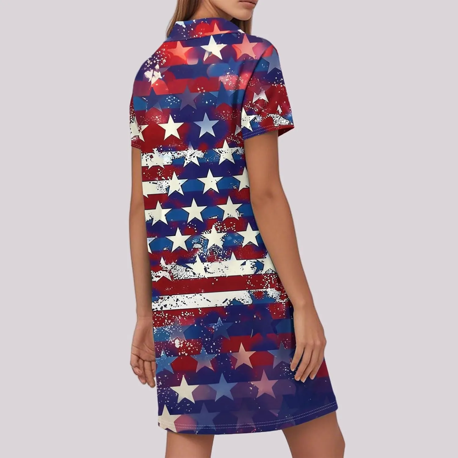 Red White and Blue Summer Dress for Women 4Th of July Tshirt Dress Midi Short Sleeve Collared V Neck A Line Dresses