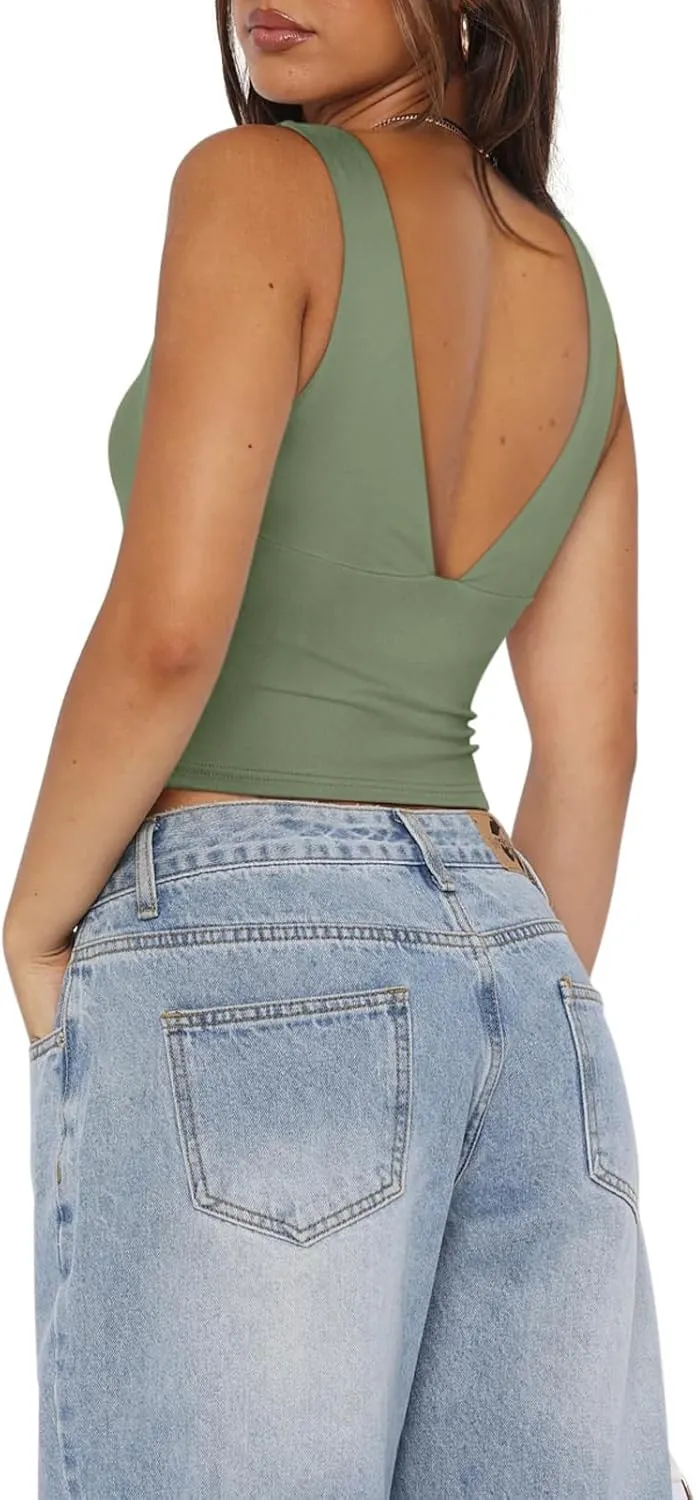 REORIA Women's Sexy Plunge Deep V Neck Sleeveless V Backless Tank Top Workout Yoga Crop Tops