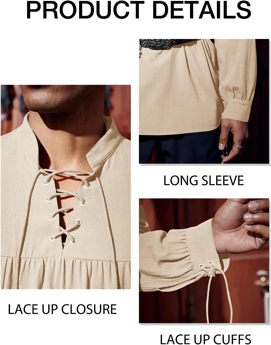 Runcati Mens Medieval Pirate Shirt Steampunk Viking Renaissance Long Sleeve Lace Up Scottish Halloween Costume Tops