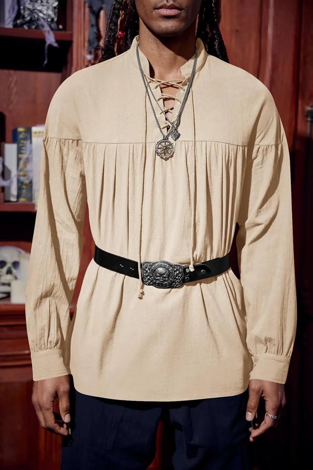Runcati Mens Medieval Pirate Shirt Steampunk Viking Renaissance Long Sleeve Lace Up Scottish Halloween Costume Tops