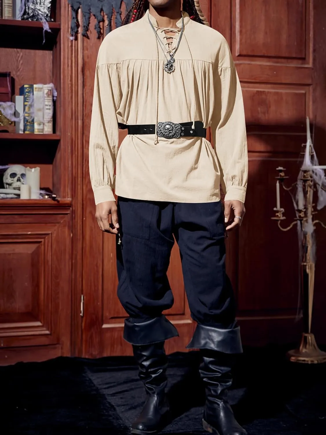 Runcati Mens Medieval Pirate Shirt Steampunk Viking Renaissance Long Sleeve Lace Up Scottish Halloween Costume Tops
