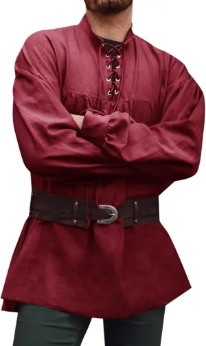 Runcati Mens Medieval Pirate Shirt Steampunk Viking Renaissance Long Sleeve Lace Up Scottish Halloween Costume Tops