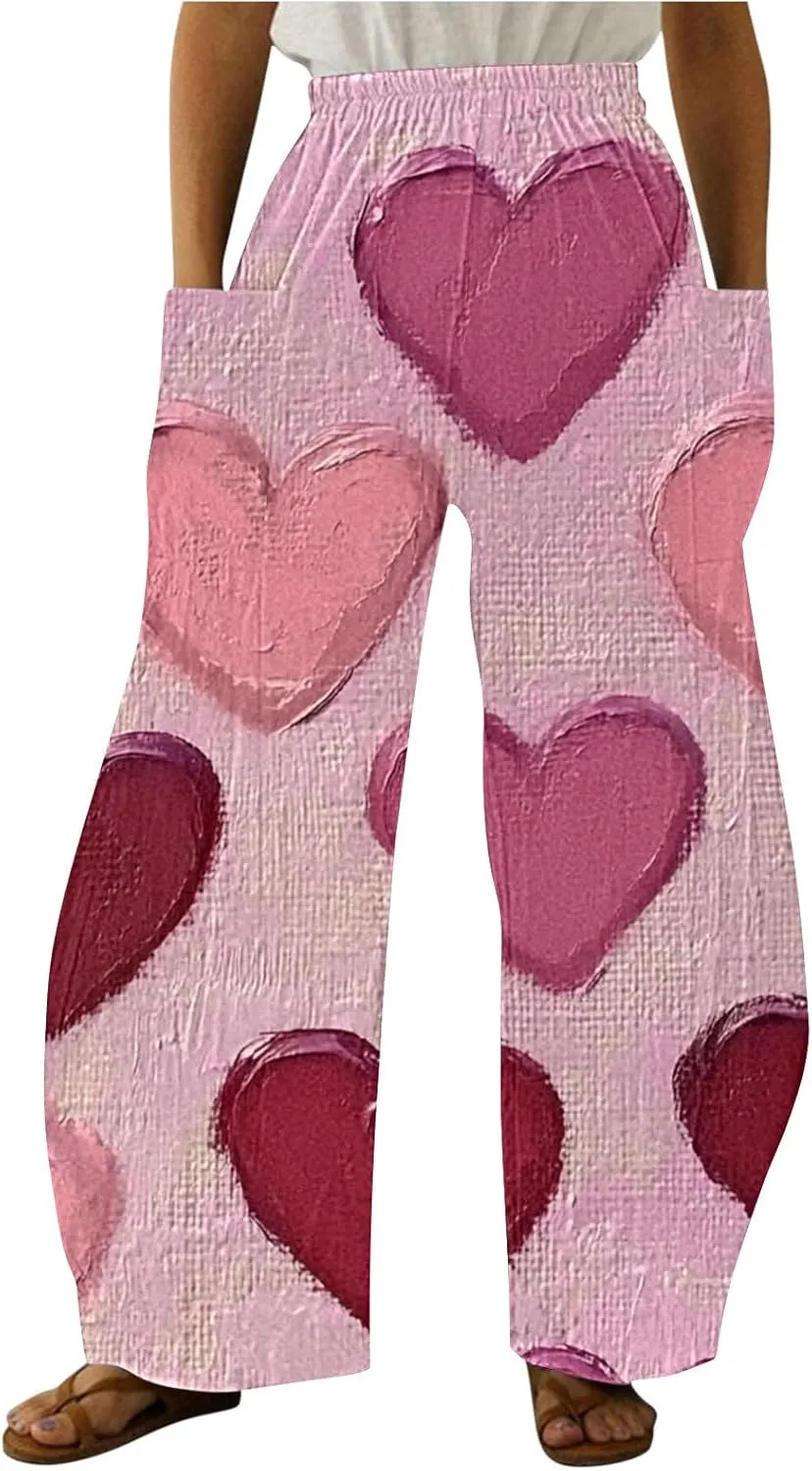 Ruziyoog Valentine Day Pants for for Women Casual High Waist Wide Leg Pants Heart Print Long Palazzo Pants Lounge Trousers