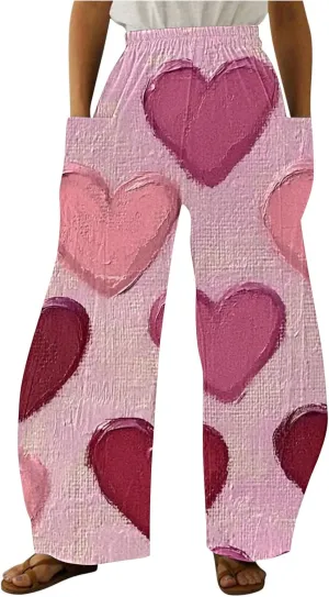 Ruziyoog Valentine Day Pants for for Women Casual High Waist Wide Leg Pants Heart Print Long Palazzo Pants Lounge Trousers