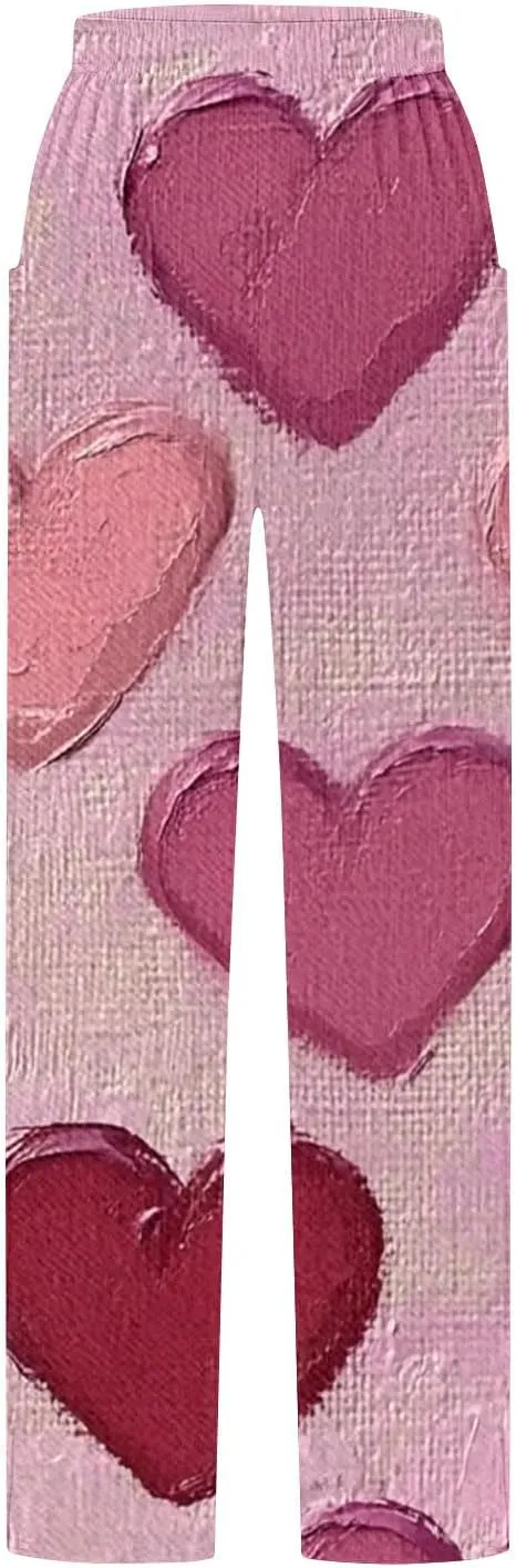 Ruziyoog Valentine Day Pants for for Women Casual High Waist Wide Leg Pants Heart Print Long Palazzo Pants Lounge Trousers