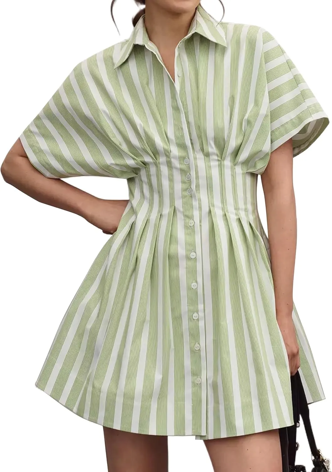 SAFRISIOR Women Button Front Pleated Mini Shirt Dress Summer Short Sleeve Striped Blouse Casual Corset Dresses