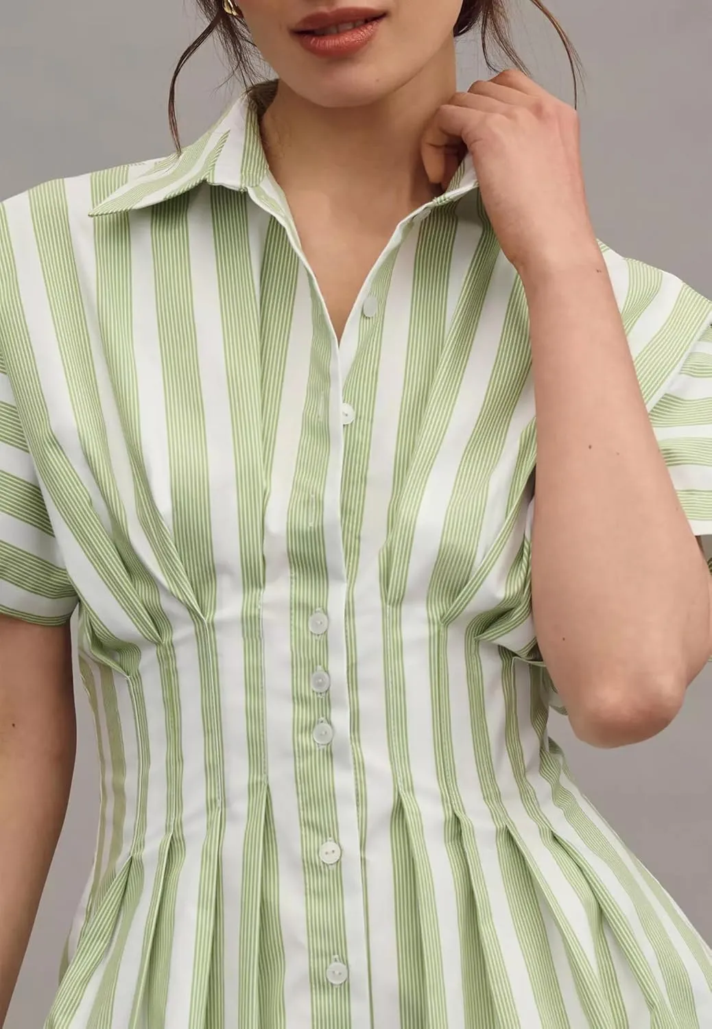 SAFRISIOR Women Button Front Pleated Mini Shirt Dress Summer Short Sleeve Striped Blouse Casual Corset Dresses