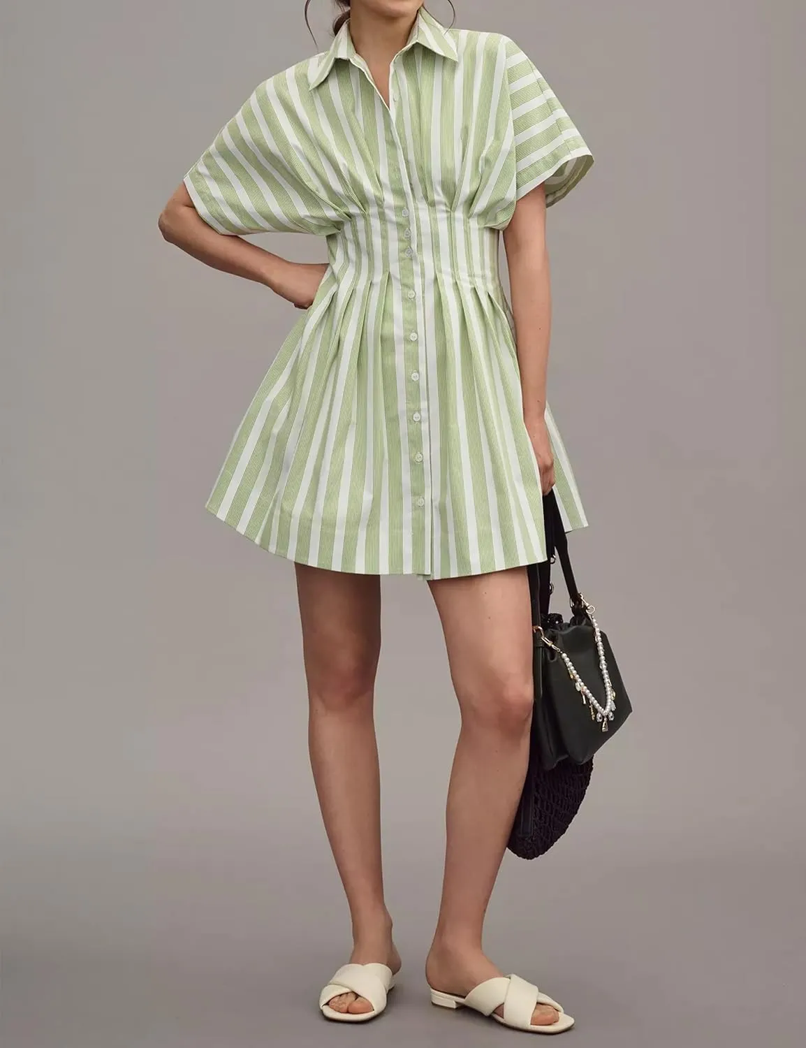 SAFRISIOR Women Button Front Pleated Mini Shirt Dress Summer Short Sleeve Striped Blouse Casual Corset Dresses