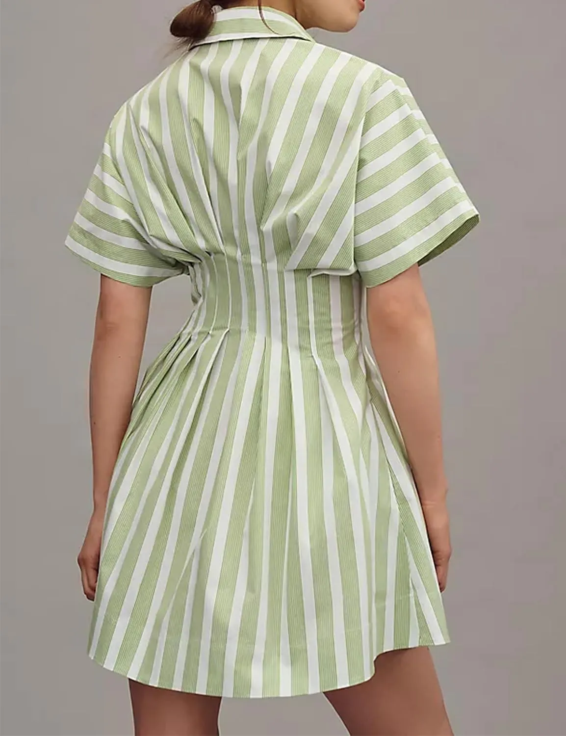 SAFRISIOR Women Button Front Pleated Mini Shirt Dress Summer Short Sleeve Striped Blouse Casual Corset Dresses