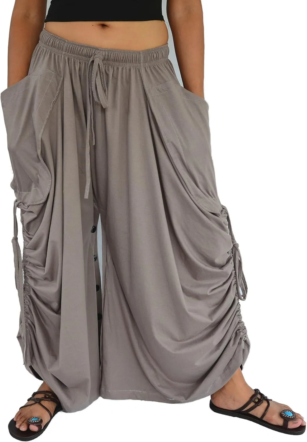 Sakoonee Women's Harem Pants Palazzo Dhoti Lounge Trousers, Convertible to a Skirt 2 Pockets Cotton, One Size, Elastic Waist