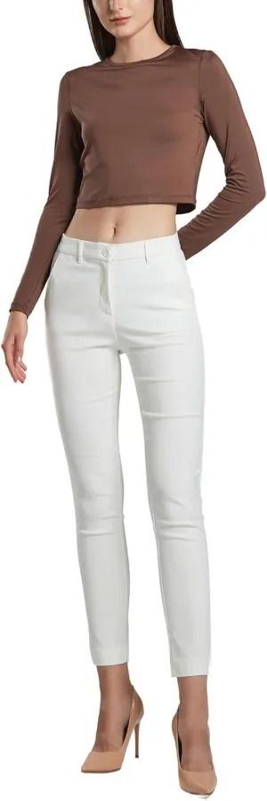 SANDY & SID Cropped Pants for Women Petite Small Size Mid Waist Slim Fit Work Pants Stretch Trousers Slack Casual Office Wear