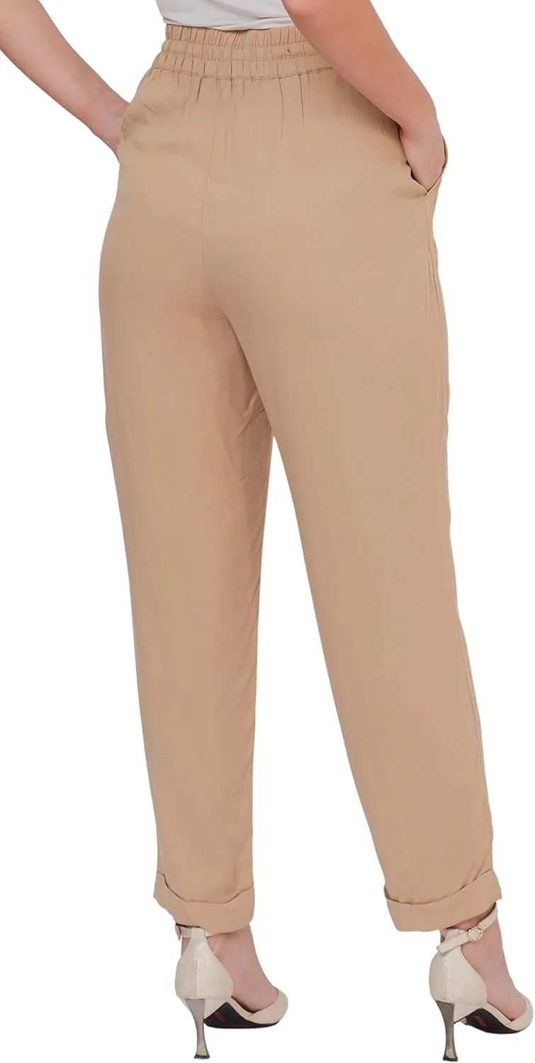 SANDY & SID Womens Pants Baggy Drawstring Pleated High Rise Slant Pockets Straight Leg Pants Work Office Business
