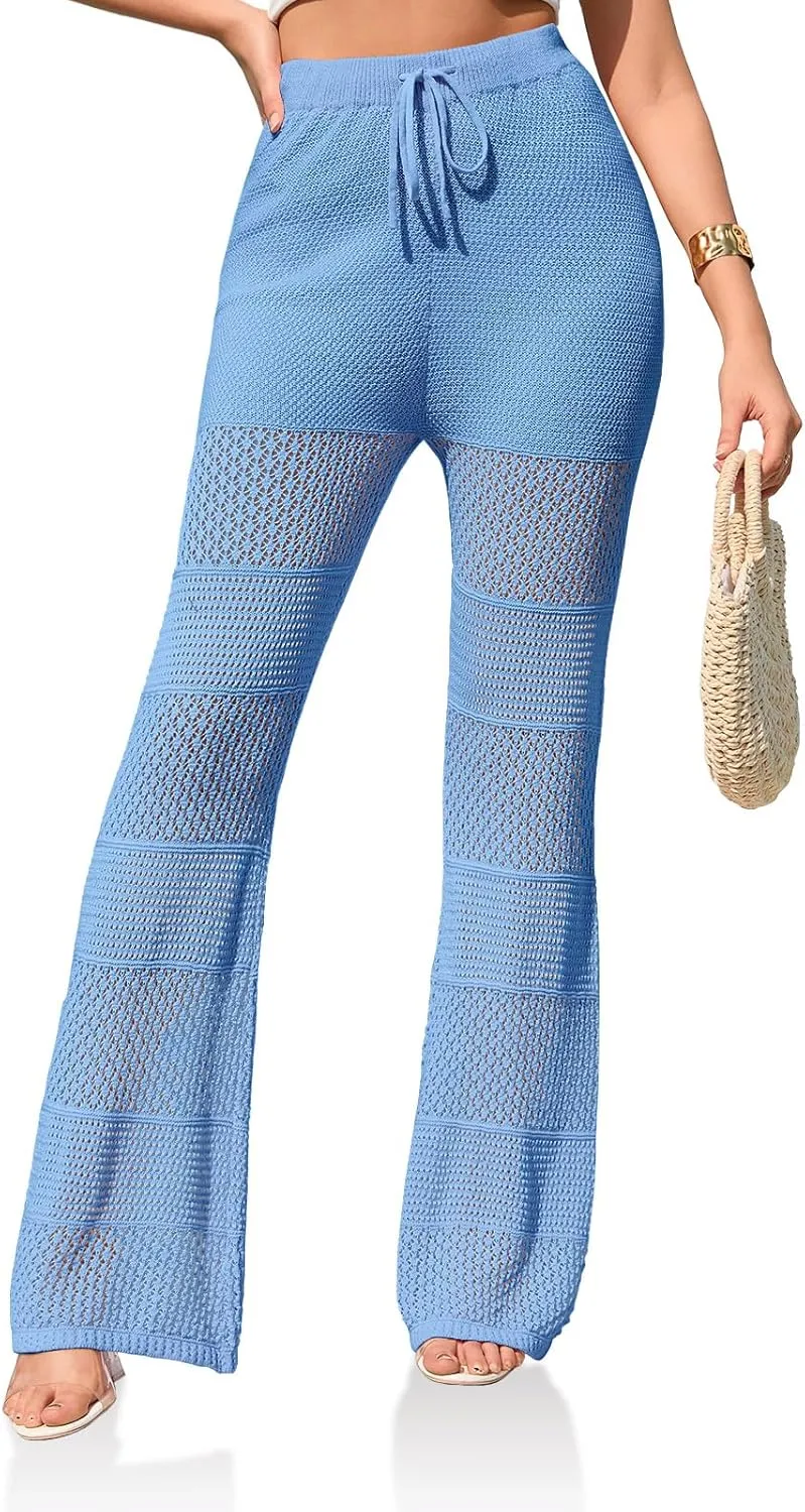 Saodimallsu Womens Beach Cover Up Pants Boho Crochet Knit High Waist Drawstring Sheer Hollow Swim Pant Swimwear