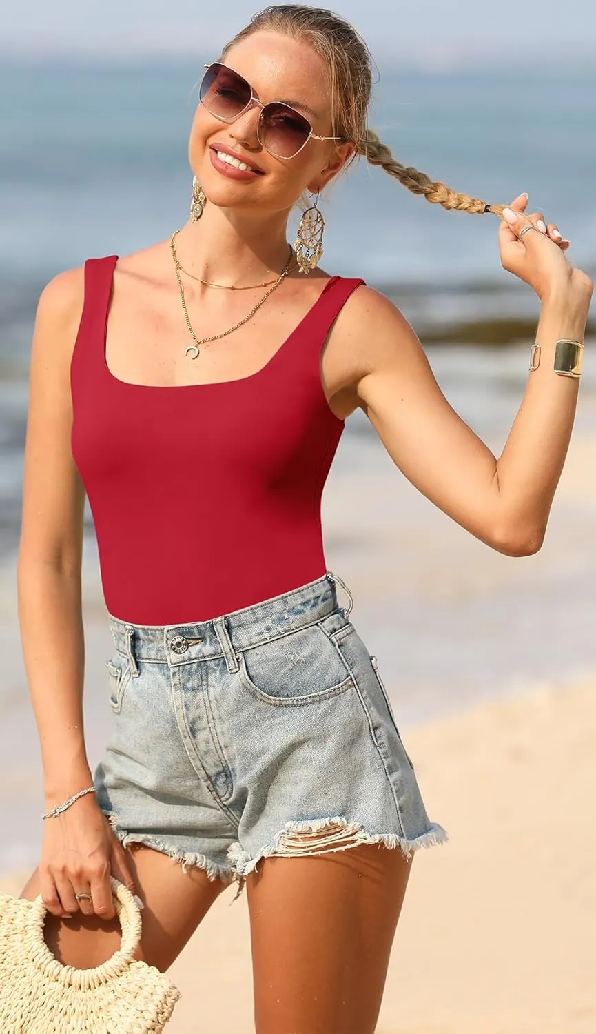 Sherosa Womens Square Neck Double Lined Tank Tops Seamless Basic Sleeveless Fitted Going Out Tank Top