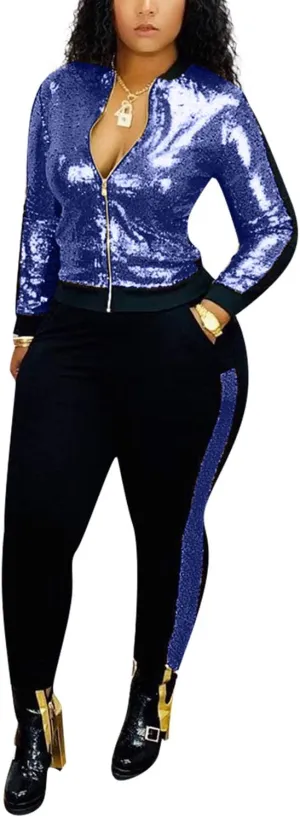 SIAEAMRG Women 2 Piece Glitter Sequin Outfits Tracksuit, Jacket Tops Log Pants Sparkle Sweatsuit Club Wear