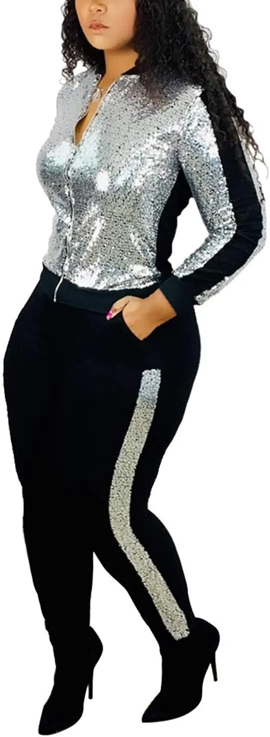 SIAEAMRG Women 2 Piece Glitter Sequin Outfits Tracksuit, Jacket Tops Log Pants Sparkle Sweatsuit Club Wear