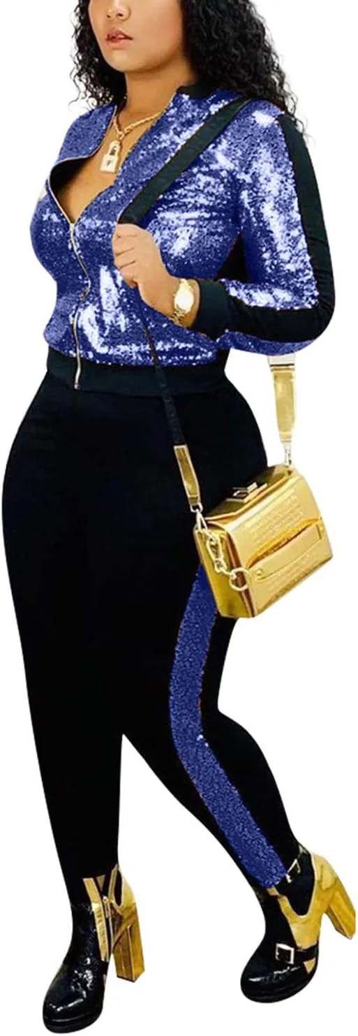 SIAEAMRG Women 2 Piece Glitter Sequin Outfits Tracksuit, Jacket Tops Log Pants Sparkle Sweatsuit Club Wear