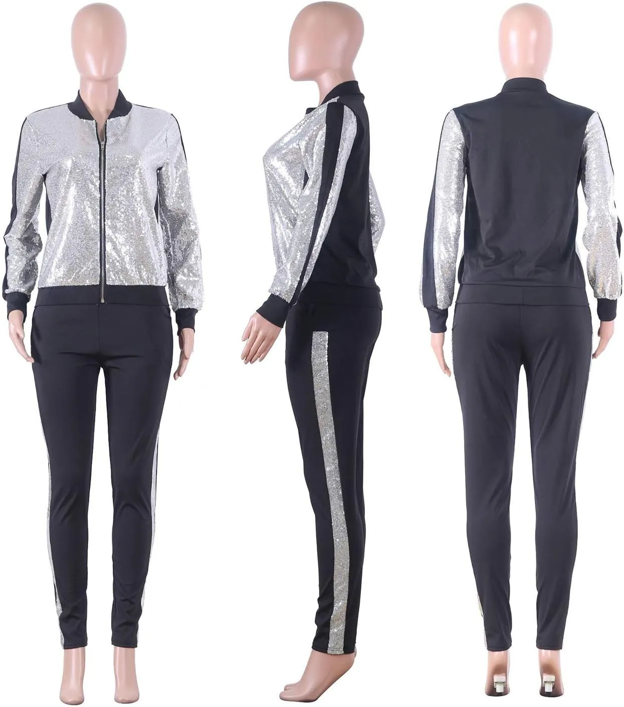 SIAEAMRG Women 2 Piece Glitter Sequin Outfits Tracksuit, Jacket Tops Log Pants Sparkle Sweatsuit Club Wear