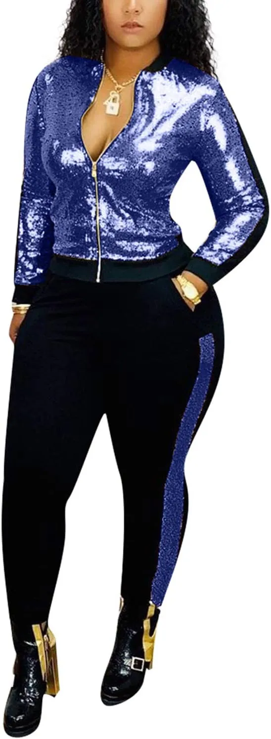 SIAEAMRG Women 2 Piece Glitter Sequin Outfits Tracksuit, Jacket Tops Log Pants Sparkle Sweatsuit Club Wear