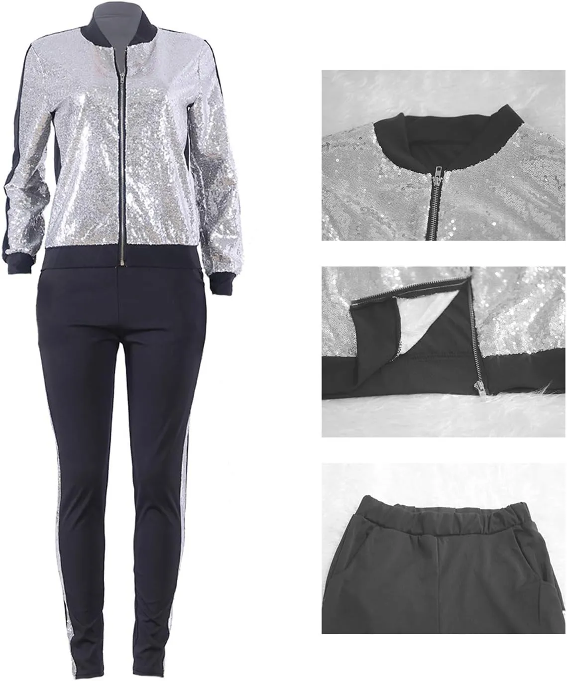 SIAEAMRG Women 2 Piece Glitter Sequin Outfits Tracksuit, Jacket Tops Log Pants Sparkle Sweatsuit Club Wear