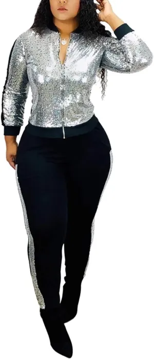 SIAEAMRG Women 2 Piece Glitter Sequin Outfits Tracksuit, Jacket Tops Log Pants Sparkle Sweatsuit Club Wear