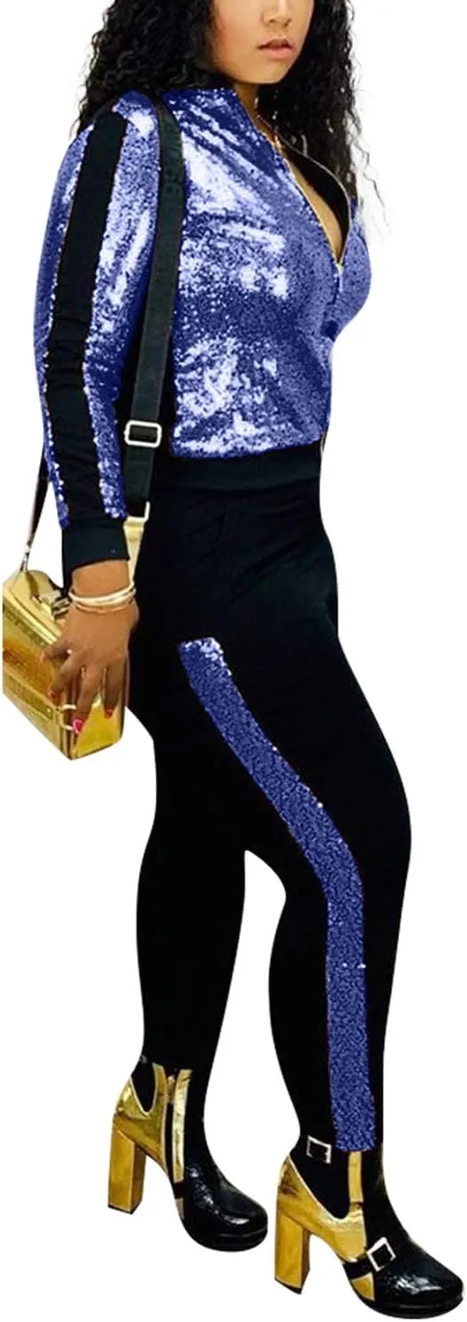SIAEAMRG Women 2 Piece Glitter Sequin Outfits Tracksuit, Jacket Tops Log Pants Sparkle Sweatsuit Club Wear