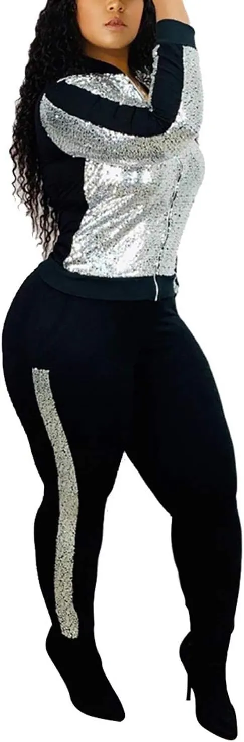 SIAEAMRG Women 2 Piece Glitter Sequin Outfits Tracksuit, Jacket Tops Log Pants Sparkle Sweatsuit Club Wear
