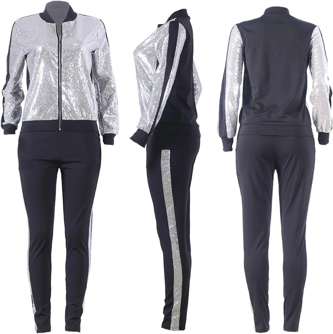 SIAEAMRG Women 2 Piece Glitter Sequin Outfits Tracksuit, Jacket Tops Log Pants Sparkle Sweatsuit Club Wear