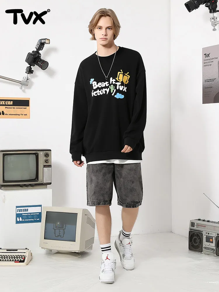 Simple style cartoon TV letter-printed with fleece round neck hoodie