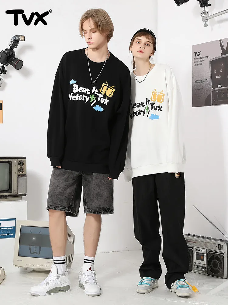 Simple style cartoon TV letter-printed with fleece round neck hoodie