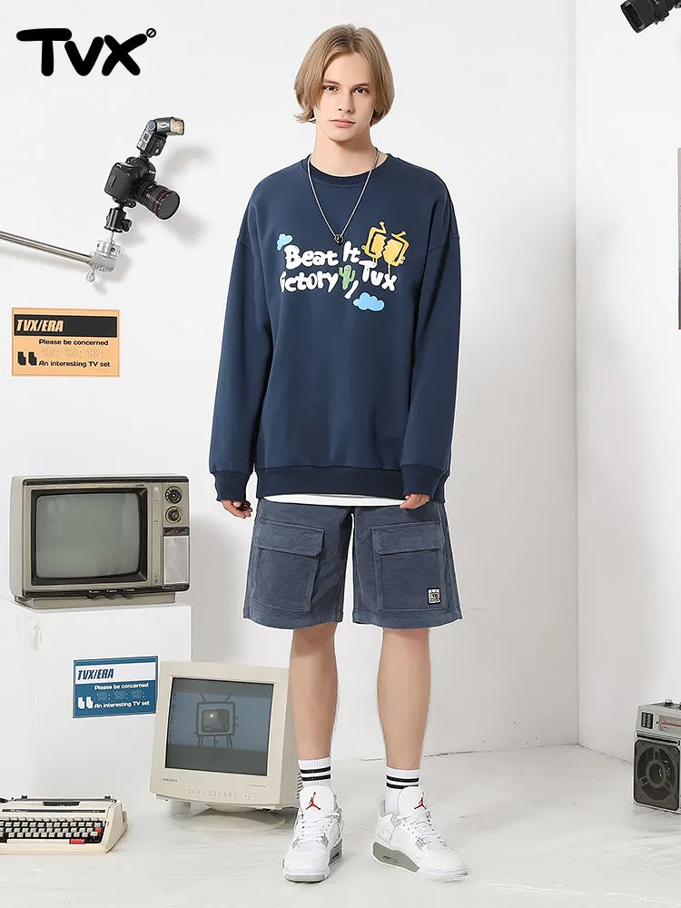 Simple style cartoon TV letter-printed with fleece round neck hoodie