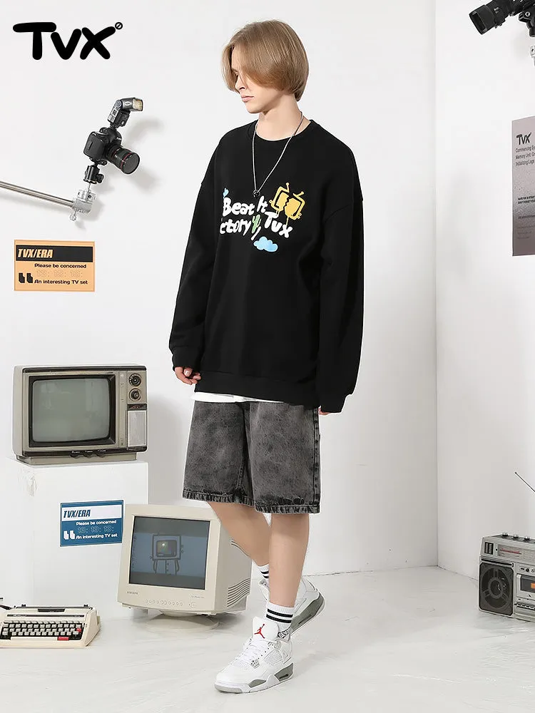 Simple style cartoon TV letter-printed with fleece round neck hoodie