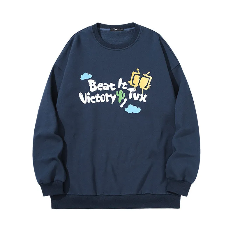 Simple style cartoon TV letter-printed with fleece round neck hoodie