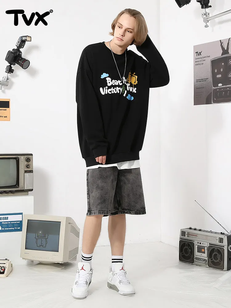 Simple style cartoon TV letter-printed with fleece round neck hoodie