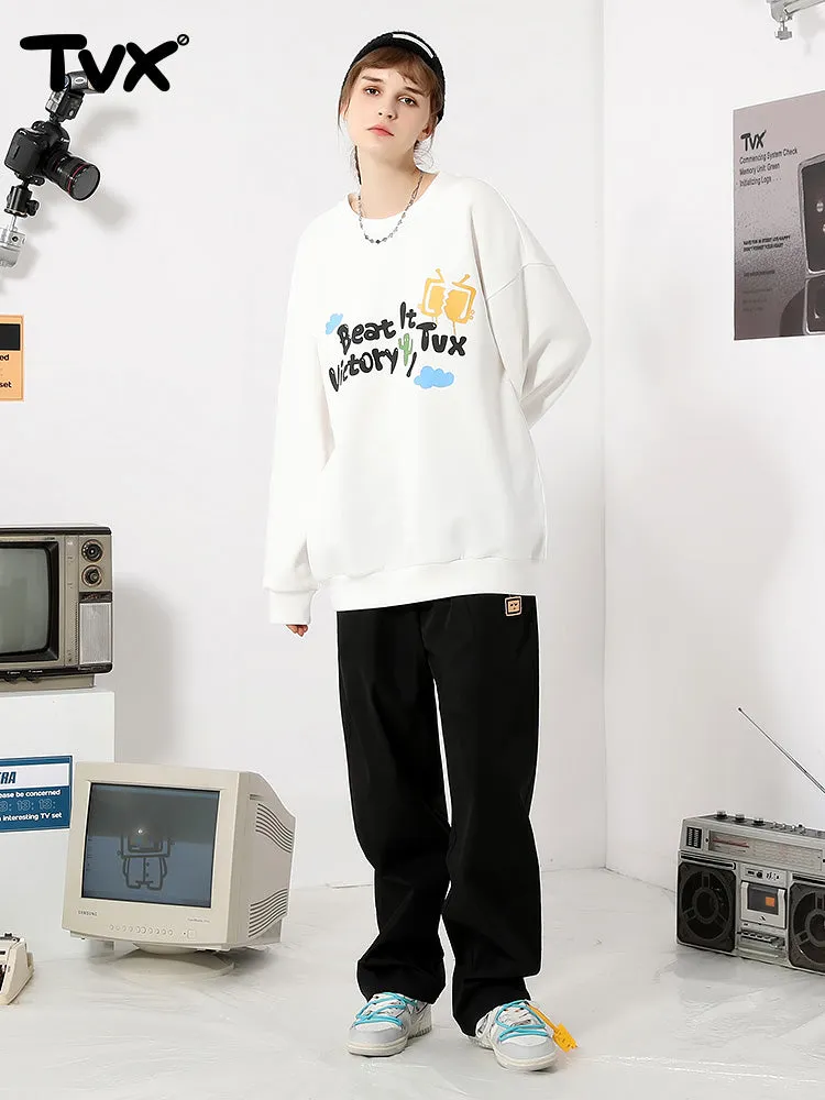 Simple style cartoon TV letter-printed with fleece round neck hoodie