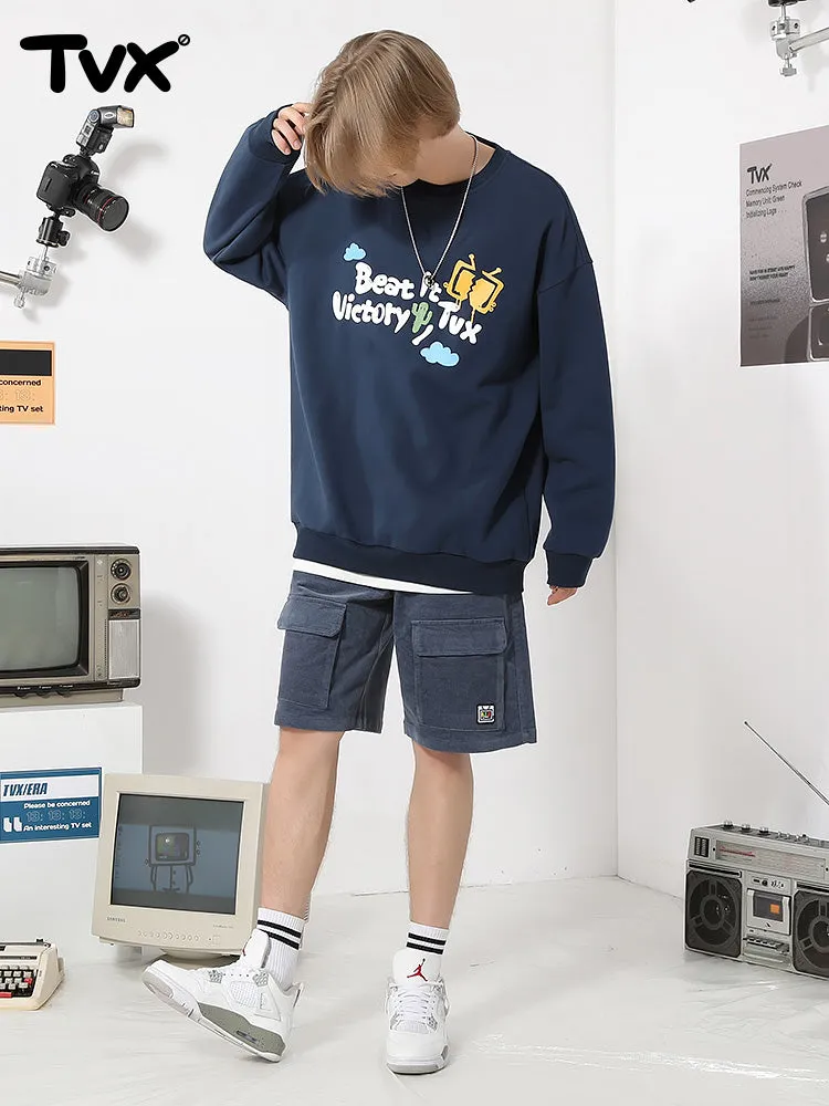 Simple style cartoon TV letter-printed with fleece round neck hoodie