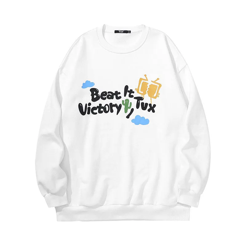 Simple style cartoon TV letter-printed with fleece round neck hoodie
