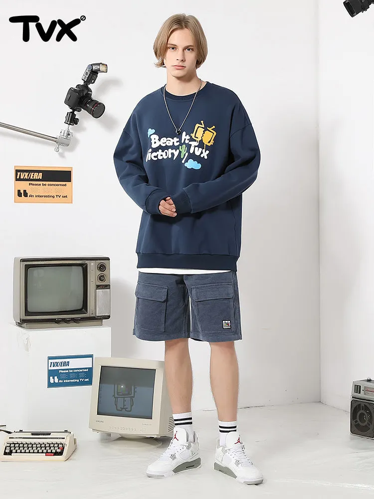 Simple style cartoon TV letter-printed with fleece round neck hoodie