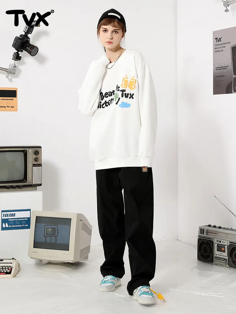 Simple style cartoon TV letter-printed with fleece round neck hoodie