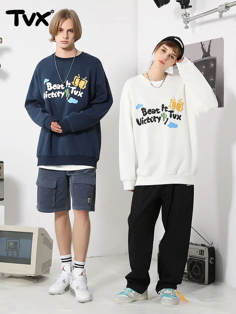 Simple style cartoon TV letter-printed with fleece round neck hoodie