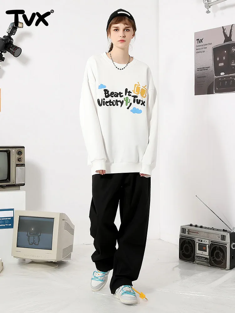 Simple style cartoon TV letter-printed with fleece round neck hoodie