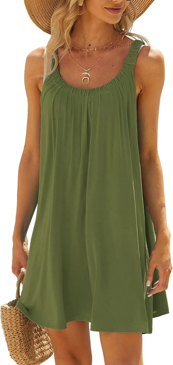 SMIDOW Summer Dresses for Women 2023 Casual Beach Sleeveless Pleated Flowy Sundress Sexy Beach Cover Up Plain Mini Tank Dress
