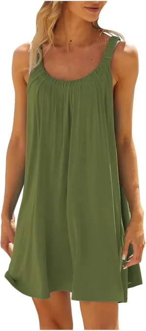 SMIDOW Summer Dresses for Women 2023 Casual Beach Sleeveless Pleated Flowy Sundress Sexy Beach Cover Up Plain Mini Tank Dress
