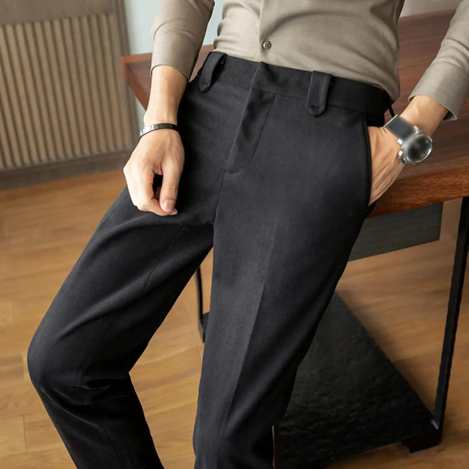 Soluo Men's Business Suit Pants Retro Wool Slim Fit Tweed Dress Pants Vintage Stretch Chino Flat Front Trousers